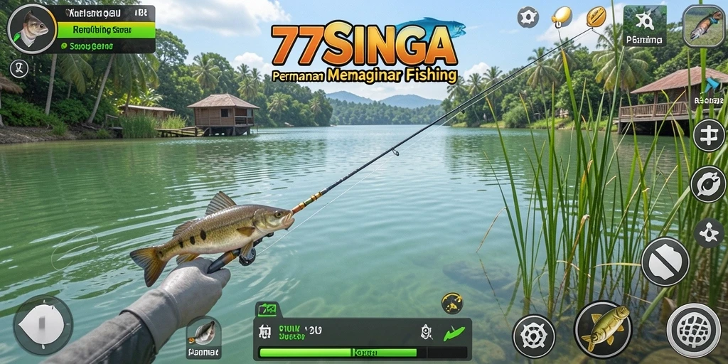 Screenshot dari gameplay <strong>77SINGA</strong> menunjukkan momen menangkap ikan yang mendebarkan.