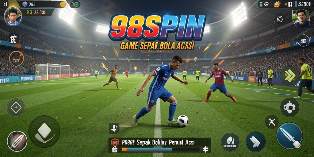 Tangkapan layar utama 98SPIN menampilkan aksi seru di lapangan.