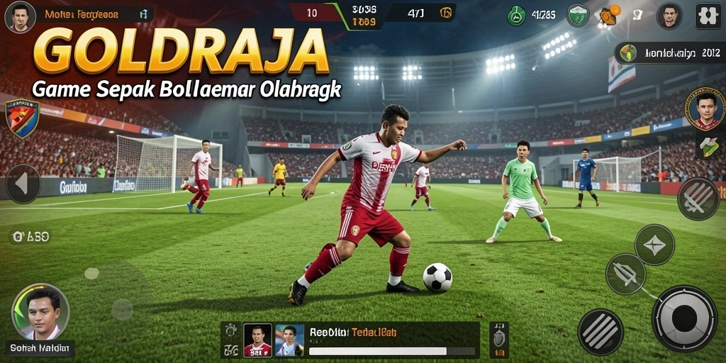 Screenshot gameplay GOLDRAJA yang menunjukkan aksi pertandingan sepak bola.