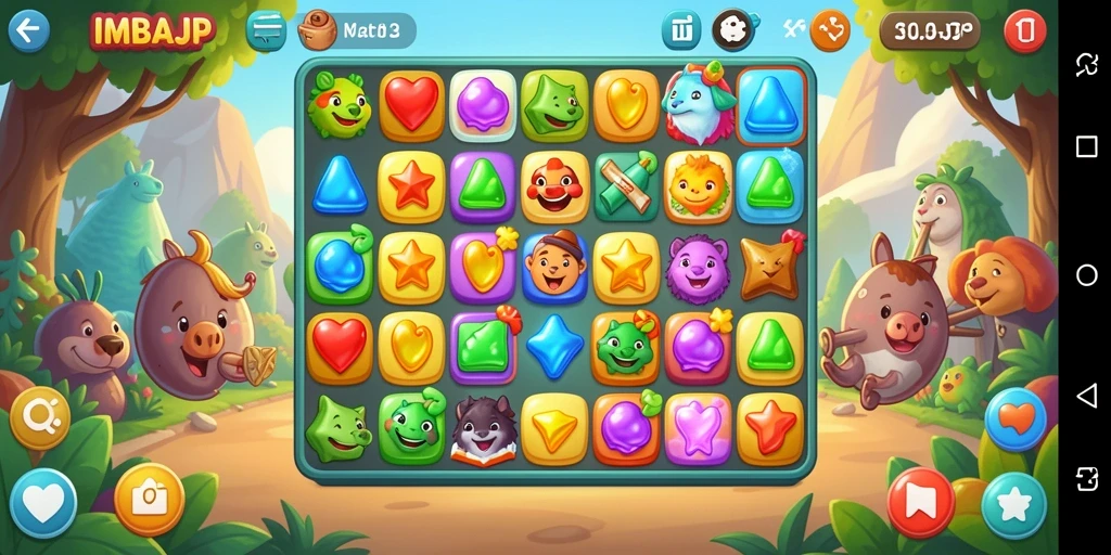 Tangkapan layar utama IMBAJP menunjukkan momen seru dari gameplay Match-3.
