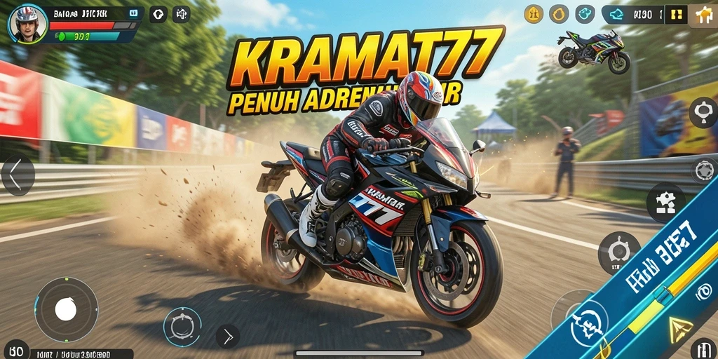 Tampilan gameplay KRAMAT77 dengan balapan motor yang mendebarkan.