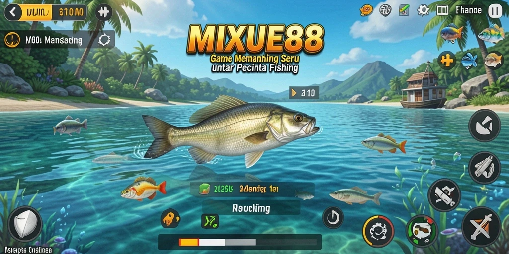 Tampilan gameplay seru di MIXUE88 dengan berbagai lokasi memancing.