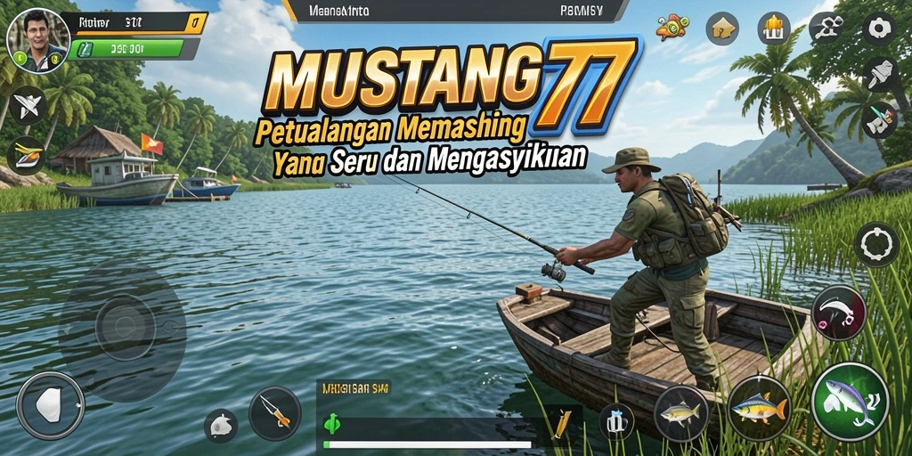 Screenshot gameplay <strong>MUSTANG77</strong> menunjukkan aksi memancing yang intens dan grafis menawan.