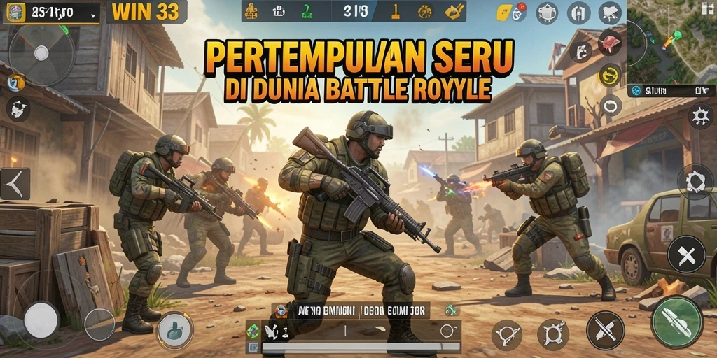Tangkapan layar gameplay WIN33 menampilkan pertempuran intens di arena Battle Royale.